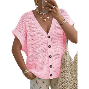 Fisoew Women’s Short Sleeve Crochet Cardigans Sweater Tops Summer Button Down V Neck Casual Knit Hollow Out Beach Cover Ups(Pink)