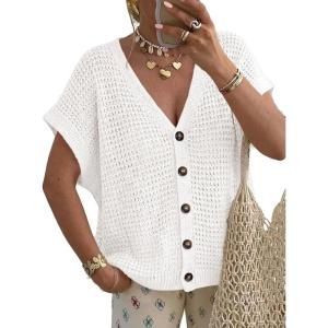 Fisoew Women’s Short Sleeve Crochet Cardigans Sweater Tops Summer Button Down V Neck Casual Knit Hollow Out Beach Cover Ups(White)