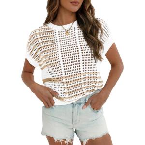 Fisoew Womens Short Sleeve Sweater Summer Striped Crochet Tops Crewneck Cap Sleeve Casual Knit Beach Vacation Vest Tops(Apricot)