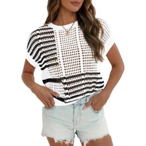 Fisoew Womens Short Sleeve Sweater Summer Striped Crochet Tops Crewneck Cap Sleeve Casual Knit Beach Vacation Vest Tops(Black)