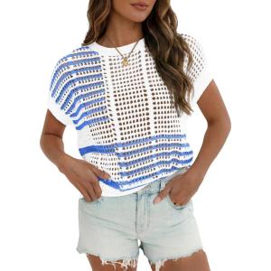 Fisoew Womens Short Sleeve Sweater Summer Striped Crochet Tops Crewneck Cap Sleeve Casual Knit Beach Vacation Vest Tops(Blue)