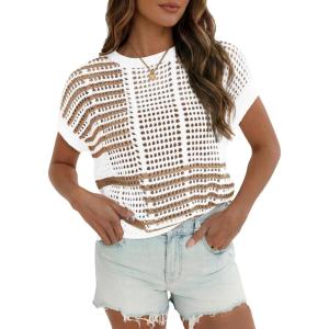 Fisoew Womens Short Sleeve Sweater Summer Striped Crochet Tops Crewneck Cap Sleeve Casual Knit Beach Vacation Vest Tops(Khaki)