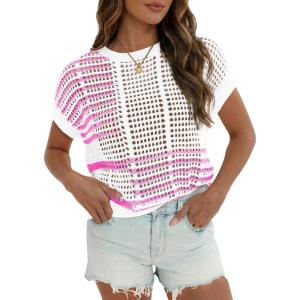 Fisoew Womens Short Sleeve Sweater Summer Striped Crochet Tops Crewneck Cap Sleeve Casual Knit Beach Vacation Vest Tops(Pink)