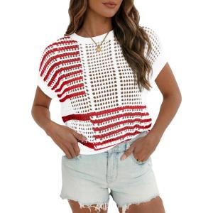 Fisoew Womens Short Sleeve Sweater Summer Striped Crochet Tops Crewneck Cap Sleeve Casual Knit Beach Vacation Vest Tops(Red)