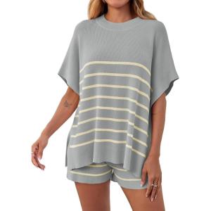 Fisoew Women’s Striped 2 Piece Outfits Oversized Batwing Short Sleeve Tops High Waisted Shorts Summer Knit Lounge Short Sets Light Grey