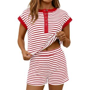 Fisoew Womens Striped 2 Piece Outfits Shorts Sets Casual Button Henley Shirts Tops Loose Workout Matching Lounge Sets(Red)