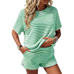 Fisoew Womens Striped 2 Piece Short Sets Casual Short Sleeve Outfits Shirts Tops Knit Workout Matching Lounge Sets(Green)