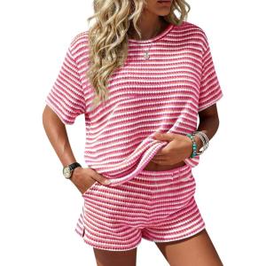 Fisoew Womens Striped 2 Piece Short Sets Casual Short Sleeve Outfits Shirts Tops Knit Workout Matching Lounge Sets(Pink)