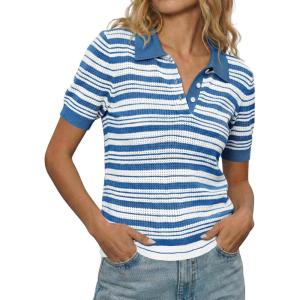 Fisoew Womens Striped Knit Polo Shirts Short Sleeve Collared Cotton Shirt Casual Summer Pullover Sweater Tee Tops(Dark Blue)