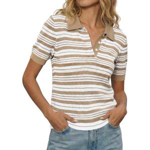 Fisoew Womens Striped Knit Polo Shirts Short Sleeve Collared Cotton Shirt Casual Summer Pullover Sweater Tee Tops(Khaki)