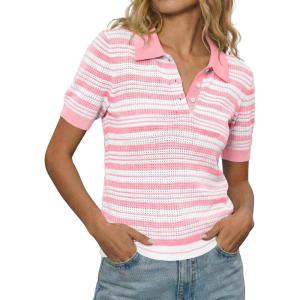 Fisoew Womens Striped Knit Polo Shirts Short Sleeve Collared Cotton Shirt Casual Summer Pullover Sweater Tee Tops(Pink)
