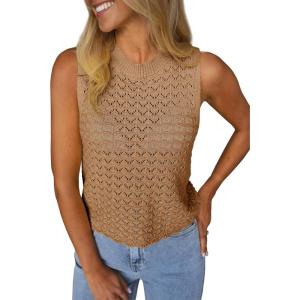 Fisoew Womens Summer Knit Sweater Vest Sleeveless Crochet Tank Tops Hollow Boho Beach Vacation Cover Ups Resort Wear 2026(Khaki)