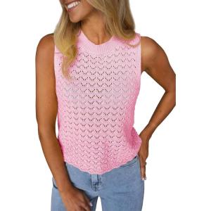 Fisoew Womens Summer Knit Sweater Vest Sleeveless Crochet Tank Tops Hollow Boho Beach Vacation Cover Ups Resort Wear 2026(Pink)