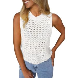 Fisoew Womens Summer Knit Sweater Vest Sleeveless Crochet Tank Tops Hollow Boho Beach Vacation Cover Ups Resort Wear 2026(White)