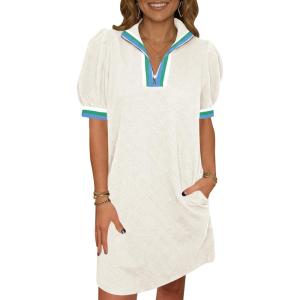 Fisoew Womens Summer Puff Short Sleeve Mini Dress Quarter Zip V Neck Casual Textured Loose Fit Active Sweatshirt Dresses(Apricot)