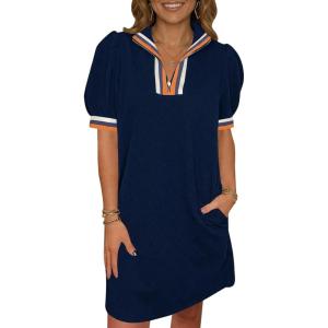 Fisoew Womens Summer Puff Short Sleeve Mini Dress Quarter Zip V Neck Casual Textured Loose Fit Active Sweatshirt Dresses(Navy)