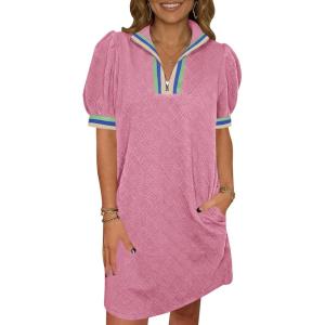 Fisoew Womens Summer Puff Short Sleeve Mini Dress Quarter Zip V Neck Casual Textured Loose Fit Active Sweatshirt Dresses(Pink)