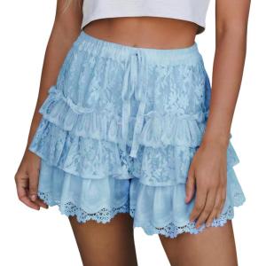 Fisoew Womens Summer Ruffle Shorts Casual Lace Elastic High Waist Tiered Tie Front Loose Boho Beach Skirt Skort(Sky Blue)