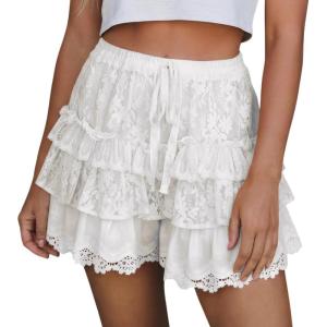 Fisoew Womens Summer Ruffle Shorts Casual Lace Elastic High Waist Tiered Tie Front Loose Boho Beach Skirt Skort(White)