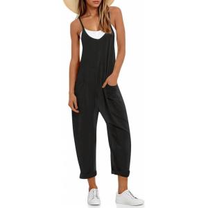 Fisoew Women’s Summer Sleeveless Loose Casual V Neck Jumpsuits Spaghetti Strap Long Pants Baggy Overalls with Pockets(Black)
