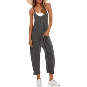 Fisoew Women’s Summer Sleeveless Loose Casual V Neck Jumpsuits Spaghetti Strap Long Pants Baggy Overalls with Pockets(Dark Grey)