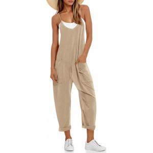 Fisoew Women’s Summer Sleeveless Loose Casual V Neck Jumpsuits Spaghetti Strap Long Pants Baggy Overalls with Pockets(Khaki)
