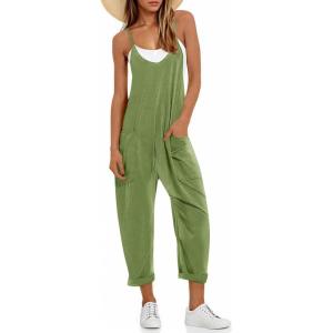 Fisoew Women’s Summer Sleeveless Loose Casual V Neck Jumpsuits Spaghetti Strap Long Pants Baggy Overalls with Pockets(Olive Drab)