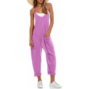 Fisoew Women’s Summer Sleeveless Loose Casual V Neck Jumpsuits Spaghetti Strap Long Pants Baggy Overalls with Pockets(Purple)
