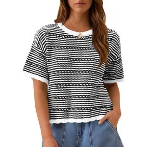 Fisoew Women’s Summer Striped Cropped Knit Tops Short Sleeve Crew Neck Casual Sweater Going Out Trendy Pullover Shirts(Black)