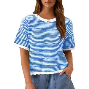 Fisoew Women’s Summer Striped Cropped Knit Tops Short Sleeve Crew Neck Casual Sweater Going Out Trendy Pullover Shirts(Blue)