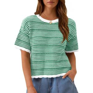 Fisoew Women’s Summer Striped Cropped Knit Tops Short Sleeve Crew Neck Casual Sweater Going Out Trendy Pullover Shirts(Green)