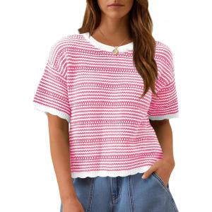 Fisoew Women’s Summer Striped Cropped Knit Tops Short Sleeve Crew Neck Casual Sweater Going Out Trendy Pullover Shirts(Pink)