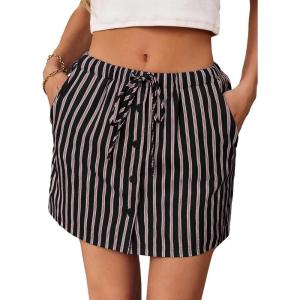 Fisoew Womens Summer Striped Mini Skirts Casual Drawstring Elastic Waist Button Cute Y2K Skorts Shorts Black