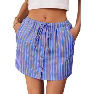 Fisoew Womens Summer Striped Mini Skirts Casual Drawstring Elastic Waist Button Cute Y2K Skorts Shorts(Blue)