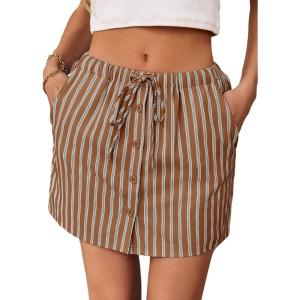 Fisoew Womens Summer Striped Mini Skirts Casual Drawstring Elastic Waist Button Cute Y2K Skorts Shorts(Brown)