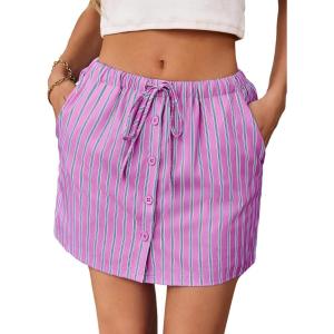 Fisoew Womens Summer Striped Mini Skirts Casual Drawstring Elastic Waist Button Cute Y2K Skorts Shorts(Pink)