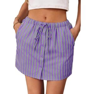 Fisoew Womens Summer Striped Mini Skirts Casual Drawstring Elastic Waist Button Cute Y2K Skorts Shorts(Purple)