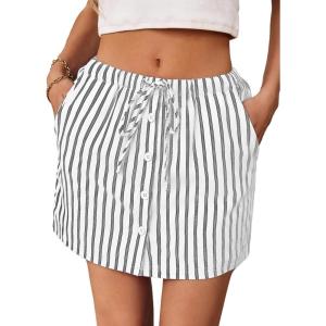 Fisoew Womens Summer Striped Mini Skirts Casual Drawstring Elastic Waist Button Cute Y2K Skorts Shorts(White)