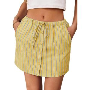 Fisoew Womens Summer Striped Mini Skirts Casual Drawstring Elastic Waist Button Cute Y2K Skorts Shorts(Yellow)
