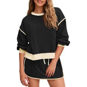 Fisoew Womens Sweatsuits 2 Piece Set Crewneck Sweatshirts High Waisted Skort Skirts Tennis Running Tracksuits Shorts Sets(Beige)