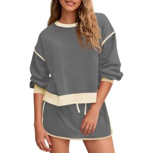 Fisoew Womens Sweatsuits 2 Piece Set Crewneck Sweatshirts High Waisted Skort Skirts Tennis Running Tracksuits Shorts Sets(Beige and Grey)