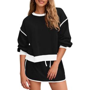 Fisoew Womens Sweatsuits 2 Piece Set Crewneck Sweatshirts High Waisted Skort Skirts Tennis Running Tracksuits Shorts Sets(Black)