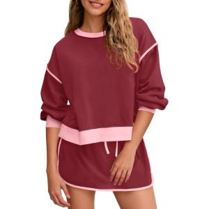 Fisoew Womens Sweatsuits 2 Piece Set Crewneck Sweatshirts High Waisted Skort Skirts Tennis Running Tracksuits Shorts Sets(Burgundy)