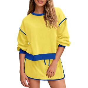 Fisoew Womens Sweatsuits 2 Piece Set Crewneck Sweatshirts High Waisted Skort Skirts Tennis Running Tracksuits Shorts Sets(Dark Yellow)