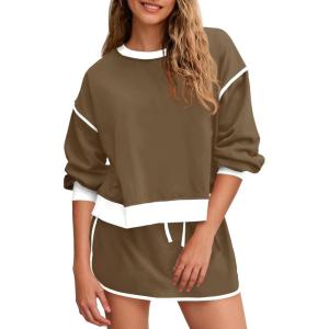 Fisoew Womens Sweatsuits 2 Piece Set Crewneck Sweatshirts High Waisted Skort Skirts Tennis Running Tracksuits Shorts Sets(Light Brown)