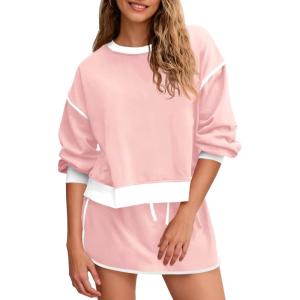 Fisoew Womens Sweatsuits 2 Piece Set Crewneck Sweatshirts High Waisted Skort Skirts Tennis Running Tracksuits Shorts Sets(Light Pink)
