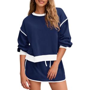Fisoew Womens Sweatsuits 2 Piece Set Crewneck Sweatshirts High Waisted Skort Skirts Tennis Running Tracksuits Shorts Sets(Navy)