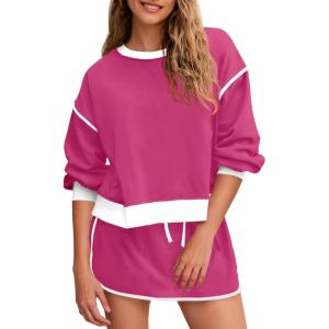 Fisoew Womens Sweatsuits 2 Piece Set Crewneck Sweatshirts High Waisted Skort Skirts Tennis Running Tracksuits Shorts Sets(Rose Red)