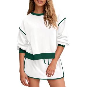 Fisoew Womens Sweatsuits 2 Piece Set Crewneck Sweatshirts High Waisted Skort Skirts Tennis Running Tracksuits Shorts Sets(White)