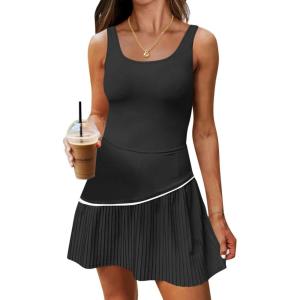 Fisoew Womens Tennis Dress with Built in Shorts and Bra Sleeveless Pleated Backless Golf Athletic Mini Dresses(Black)
